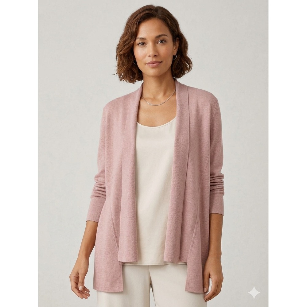 Eileen Fisher Pink Extra Fine Merino Wool Open‎ Front Cardigan Sweater M